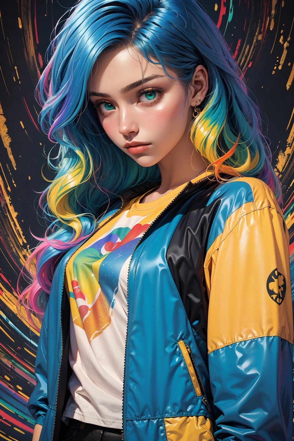 1girl, solo, a beautiful woman, 19 years old, oil painting, impasto, looking at viewer, wavy multicolored rainbow hair, blue_green eyes, tomboy aesthetic, blue jacket, yellow t-shirt, urban psychedelic outfit, psychedelic  background, masterpiece, ,sciamano240, soft shading, soft shading, Vee