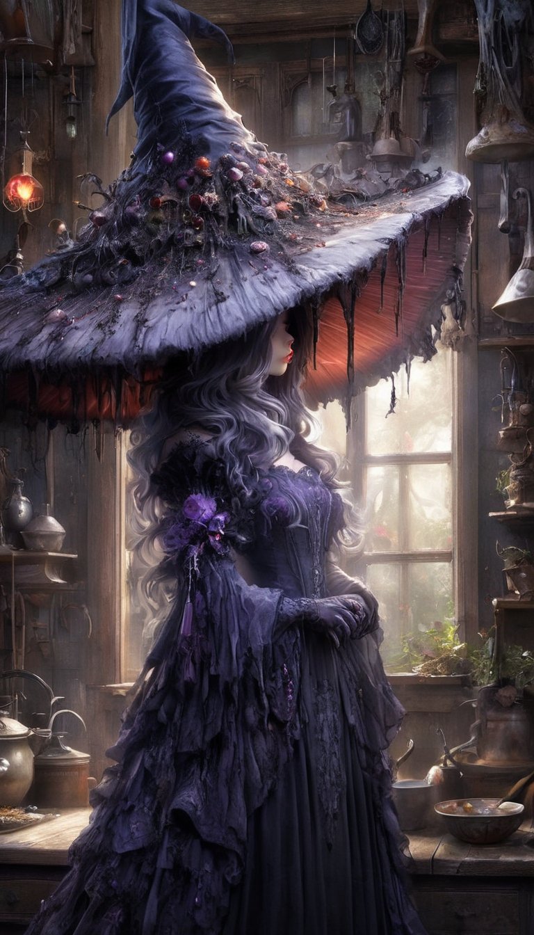 a witch brewing a potion in a alchemy lab!!!, wearing an inkycapwitchyhat with a dripping brim!! Prominent mushroom-style-gills under the brim, sharp focus,Decora_SWstyle, gilled-brim, extra wide hat brim, lace detailed sexy dress, holding a smoking potion bottle, stylized smoke, magical glow in mystical fog, indoors, alchemy workshop labratory library, herbs hanging to dry, colorful bioluminescence potion bottles carefully arranged on a shelf, scrolls books and knick-knacks, owl perched over the top shelf, mystical mood, atmospheric perspective, soft cinematic light, sharp focus, intricate and complex masterpiece, cgsociety and artstation award-winning concept art style,InkyCapWitchyHat
