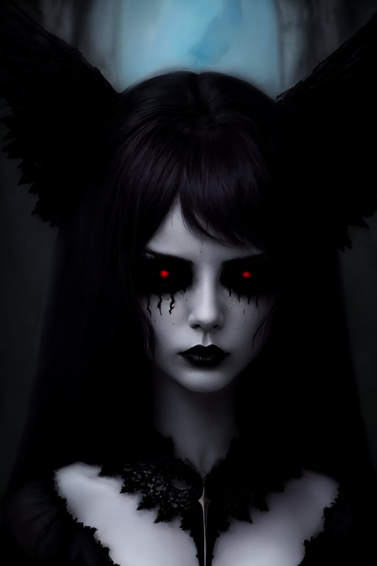 master piece, HD, ultra detailled, high definition, high_res, high_resolution, portrait, woman, empty eyes, looking_at_viewer, black_sclera, dark_art, gloomy,fantasy00d,Completely_black_eyes