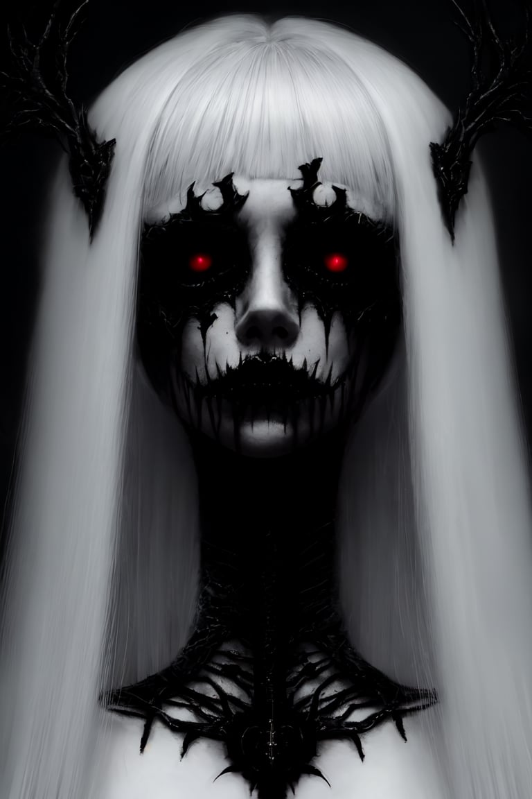 master piece, HD, ultra detailled, high definition, high_res, high_resolution, portrait, creepy woman, empty eyes, looking_at_viewer, black_sclera, dark_art, gloomy,fantasy00d,Completely_black_eyes