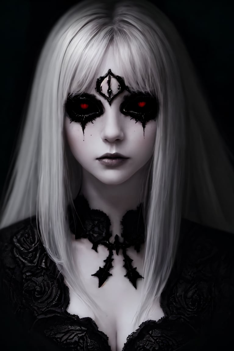 master piece, HD, ultra detailled, high definition, high_res, high_resolution, portrait, woman, empty eyes, looking_at_viewer, black_sclera, dark room,fantasy00d,Completely_black_eyes