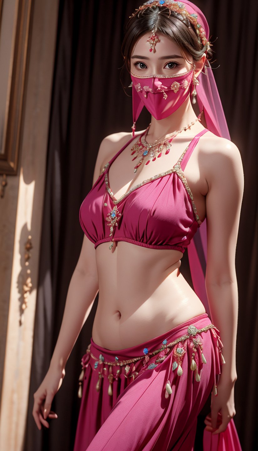 (best quality, masterpiece:1.2),ultra detailed,(photo realistic:1.4),solo,cute girl,face_veil,belly_dancer