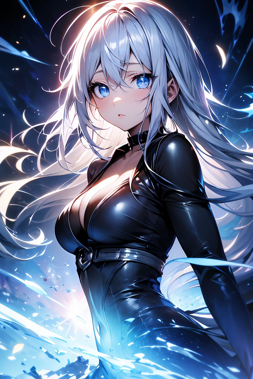 ((masterpiece, best quality, absurdres, highres, ultra detailed, high resolution, very fine 8KCG wallpapers)), 1 girl, solo, silver hair, long hair, shiny hair, (messy hair floating:1.2), blue eyes, captivating eyes, detailed eyes, severe flow, (night dark shadow darkness:1.2), (sunbeam light grow luminescence :1.4), dark background, black large breasts, cleavage, upper body, looking at viewer,