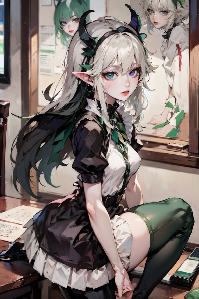 female, ((masterpiece, best quality, ultra detailed, absurdres),
solo,long hair,maid ,solo,long hair,small breasts,looking at viewer,bangs,blue eyes,skirt,black hair,bow, short sleeves, socks, belt,indoors,black footwear,mole,high heels,lips,maid,maid headdress, viewed_from_behind,vnaodai