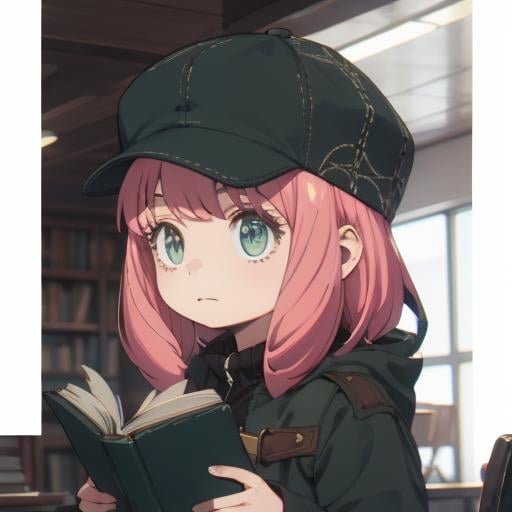 <lora:anya3:1>,anya, 1girl, hat, holding, solo, chromatic aberration, book, holding book, indoors, detective, upper body, closed mouth, reading, deerstalker, long sleeves