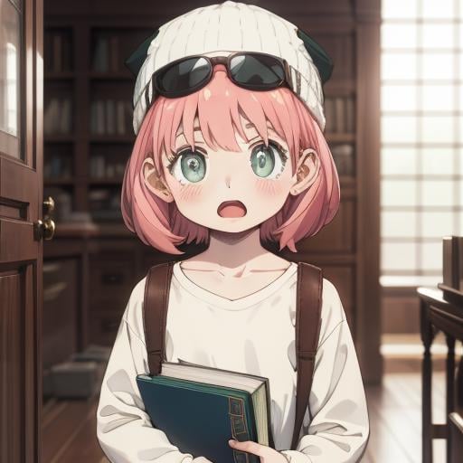 <lora:anya3:1>,anya, 1girl, open mouth, hat, bag, sunglasses, :o, shirt, looking at viewer, book, blurry, holding, blurry background, long sleeves, white headwear, indoors, white shirt, book stack, blush, 1boy, solo, upper body, collarbone