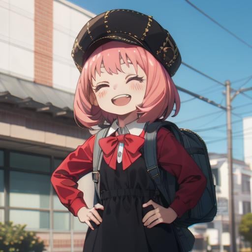 <lora:anya3:1>,anya,1girl,solo,hands on hips,school uniform,eden academy school uniform,hat,closed eyes,open mouth,upper teeth only,smile,backpack,teeth,bag,chromatic aberration,meme,black dress,