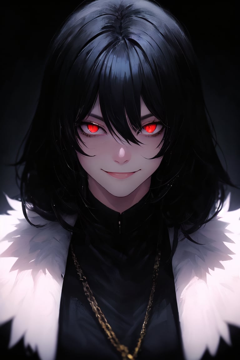 master piece, HD, ultra detailled, high definition, high_res, high_resolution, face_focus, cocky boy, medium, medium_hair, black_hair, shaved_face, black_outfit, looking_at_viewer, litle smile, black eyes, slit pupils, fantasy00d,midjourney