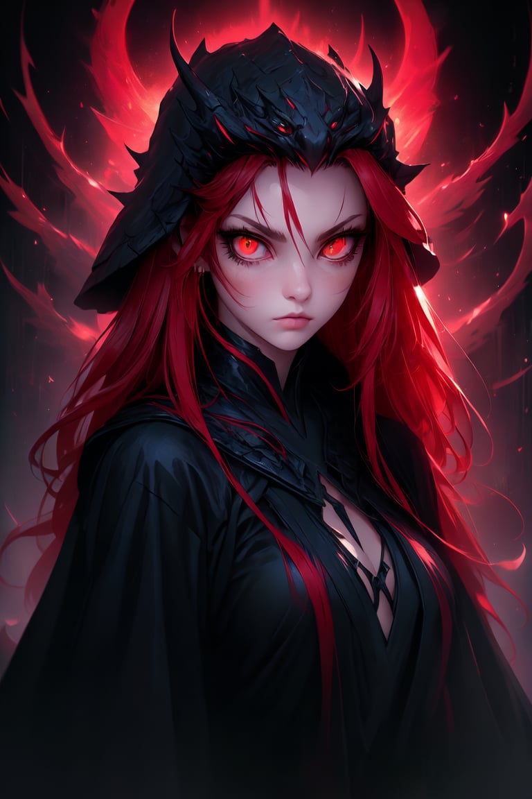 master piece, HD, ultra detailled, high definition, high_res, high_resolution, portrait, woman, long_hair, red_hair, black_outfit, looking_at_viewer, serious look, red eyes, (slit pupils:1.2), slit pupils, fantasy00d,midjourney