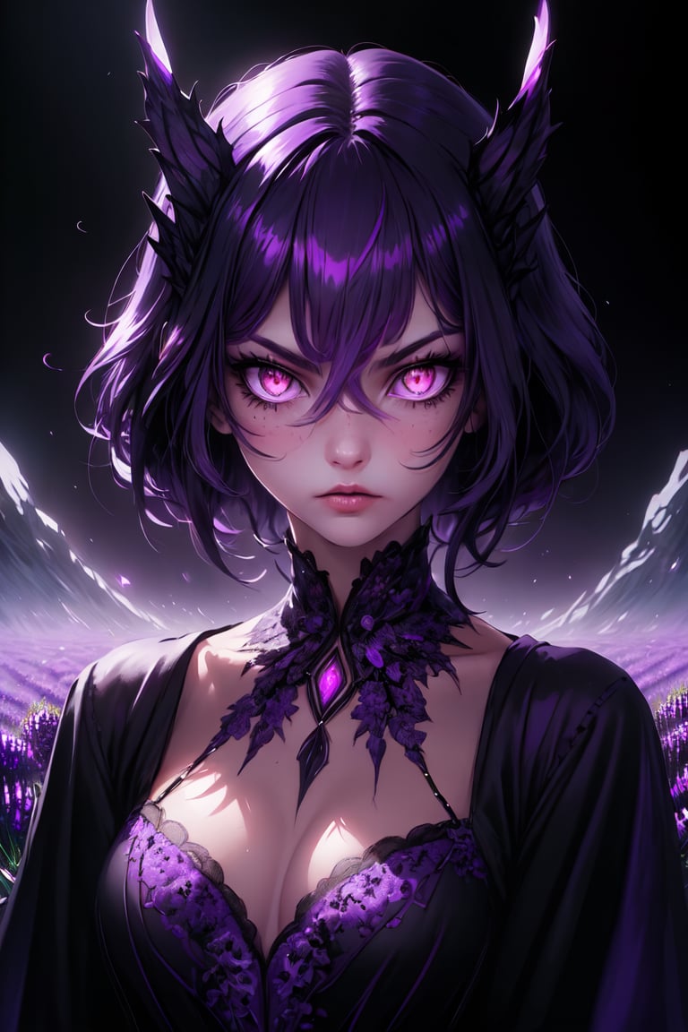 master piece, HD, ultra detailled, high definition, high_res, high_resolution, portrait, woman, short-hair, lavender_hair, black_outfit, looking_at_viewer, serious look, (slit pupils:1.2), purple pupils, fantasy00d