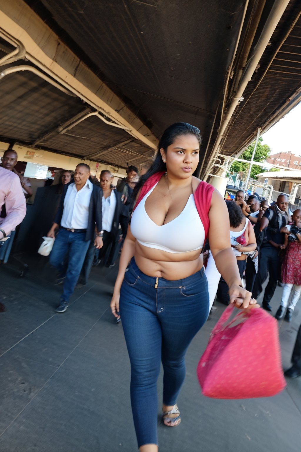 A beautiful woman walking on railway station with a gun, crowd, multiple people, every one scared her, she is so sexy, navel, plump, Cleavage, pop Full body, 