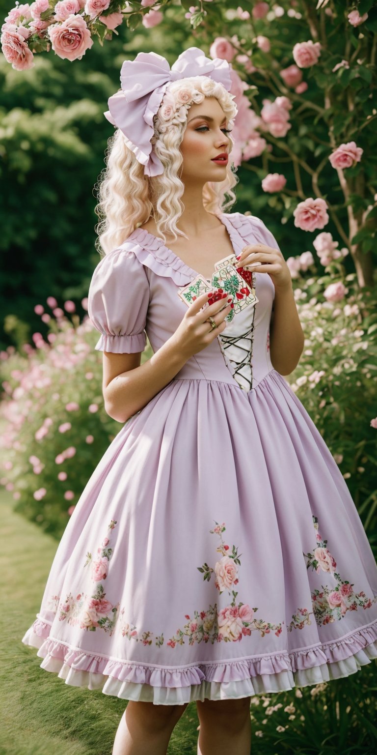 A porcelain-skinned model in a whimsical Alice in Wonderland themed lolita dress, adorned with roses and playing cards, amidst a lush English garden. (Style: Dreamy, Pastel, High-resolution),lolimix,photorealistic,Masterpiece