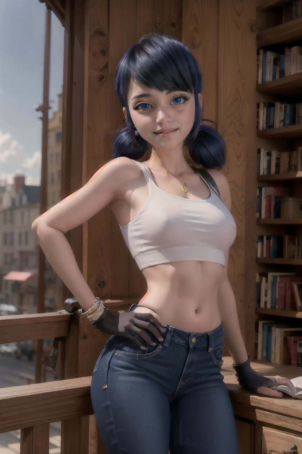 ladybug, 1girl,solo,long hair,breasts,looking at viewer,smile,bangs,blue eyes,gloves,navel,bare shoulders,twintails,jewelry,medium breasts,blue hair,standing,cowboy shot,outdoors,parted lips,sky,day,black gloves,midriff,pants,cloud,indoors,armpits,blue sky,lips,crop top,hand on hip,book,swept bangs,low twintails,bookshelf