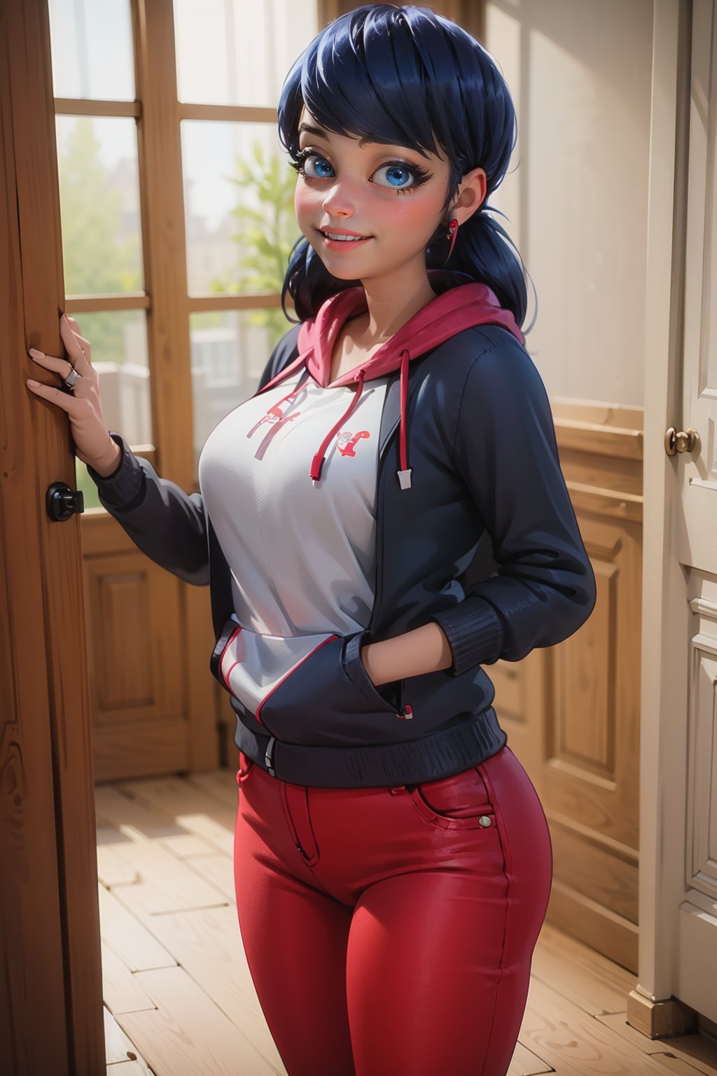 ladybug, 1girl,solo,long hair,breasts,looking at viewer,smile,bangs,blue eyes,jewelry,blue hair,standing,jacket,pants,indoors,hood,lips,hoodie,swept bangs,ring,door,drawstring,red pants,open door,doorway