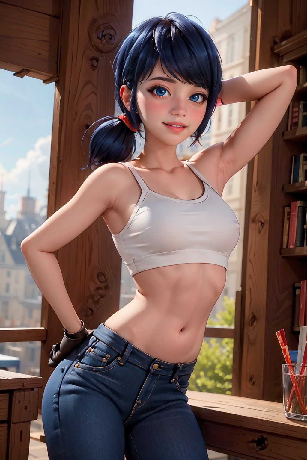 ladybug, 1girl,solo,long hair,breasts,looking at viewer,smile,bangs,blue eyes,gloves,navel,bare shoulders,twintails,jewelry,medium breasts,blue hair,standing,cowboy shot,outdoors,parted lips,sky,day,black gloves,midriff,pants,cloud,indoors,armpits,blue sky,lips,crop top,hand on hip,book,swept bangs,low twintails,bookshelf