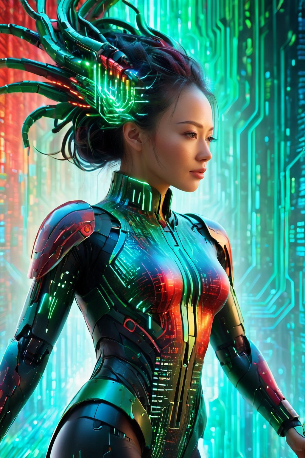 High Quality, 8K Ultra HD, Vibrant Canvas Illuminated By Colorful Binary Code, Captivating Woman Silhouette, Dynamic Digital Dance Lines, Harmonious Fusion Of Technology And Art, Electric Blues To Radiant Reds And Vivid Greens, Digital And Organic Synthesis, Masterful Creation By FuturEvoLab, Highly Detailed, Colorful Binary Code Energy, Mecha, Chinese Dragon, 