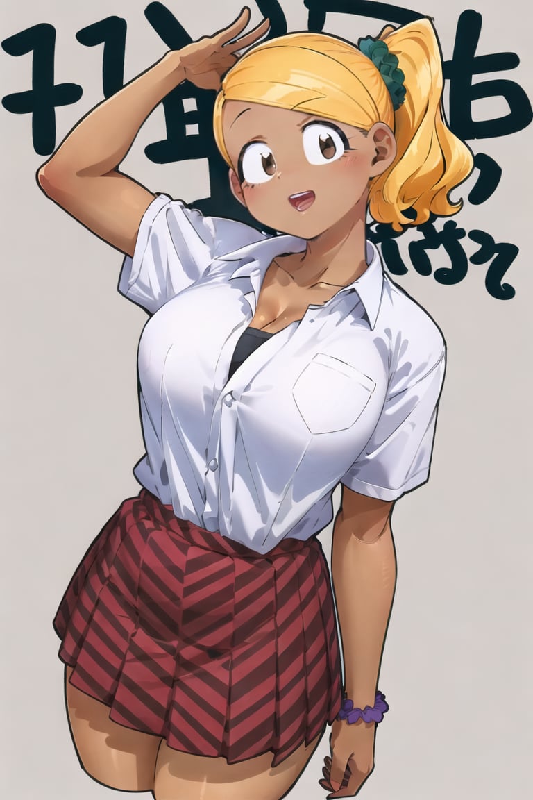 1girl, masterpiece, best quality,  highest quality,  (detailed background), perfect lighting, very_high_resolution, manbagi rumiko, extremiled detail, (brown eyes), gyaru, dark skin,, standing, ((swept bangs )), 1girl, breasts, skirt, solo, blonde hair, dark skin, dark-skinned female, shirt, gyaru, large breasts, pleated skirt, white shirt, looking at viewer, red skirt, simple background, blush, side ponytail, brown eyes, cropped legs, short sleeves, collared shirt, cleavage, school uniform, shirt tucked in, collarbone, pocket, hair ornament, breast pocket, smile, kogal, arm up, cowboy shot, hand up, white background, scrunchie, plaid skirt, hair scrunchie, tented shirt, miniskirt,  manbagi_rumiko, ((solo)), (((simple background))), open mouth, (((white background))), cel-shade, cel-shading, 