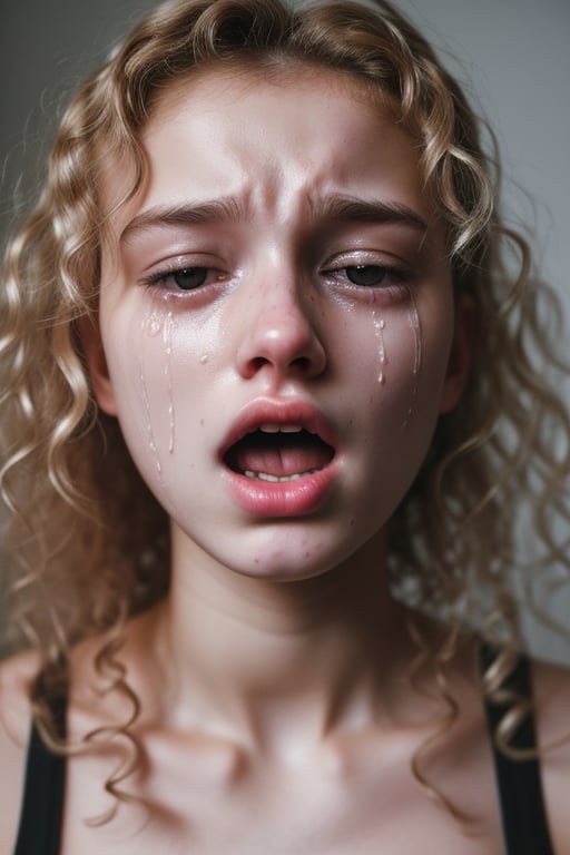 expr3ssions, 1girl, 18 year old, long blonde curly hair, gorgeous, crying with mouth open, sleeveless top, upper body, facing viewer, 8k uhd, dslr, soft lighting, high quality, film grain