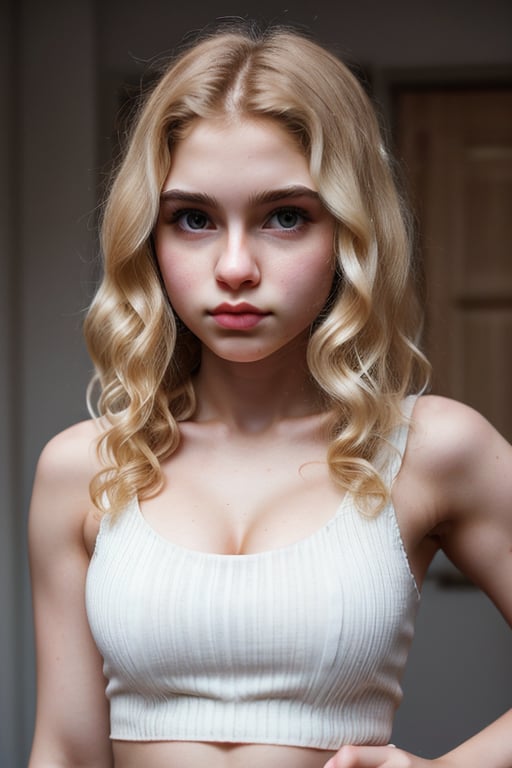 expr3ssions, 1girl, 18 year old, long blonde curly hair, gorgeous, pouting, sleeveless top, upper body, facing viewer, 8k uhd, dslr, soft lighting, high quality, film grain,Masterpiece