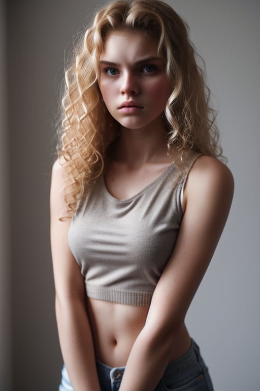 expr3ssions, 1girl, 18 year old, long blonde curly hair, gorgeous, angry, sleeveless top, upper body, facing viewer, 8k uhd, dslr, soft lighting, high quality, film grain