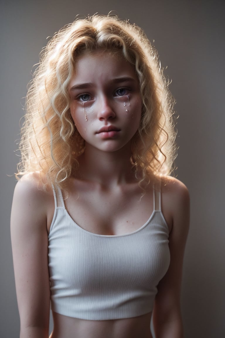 expr3ssions, 1girl, 18 year old, long blonde curly hair, gorgeous, holding back tears,  sleeveless top, upper body, facing viewer, 8k uhd, dslr, soft lighting, high quality, film grain