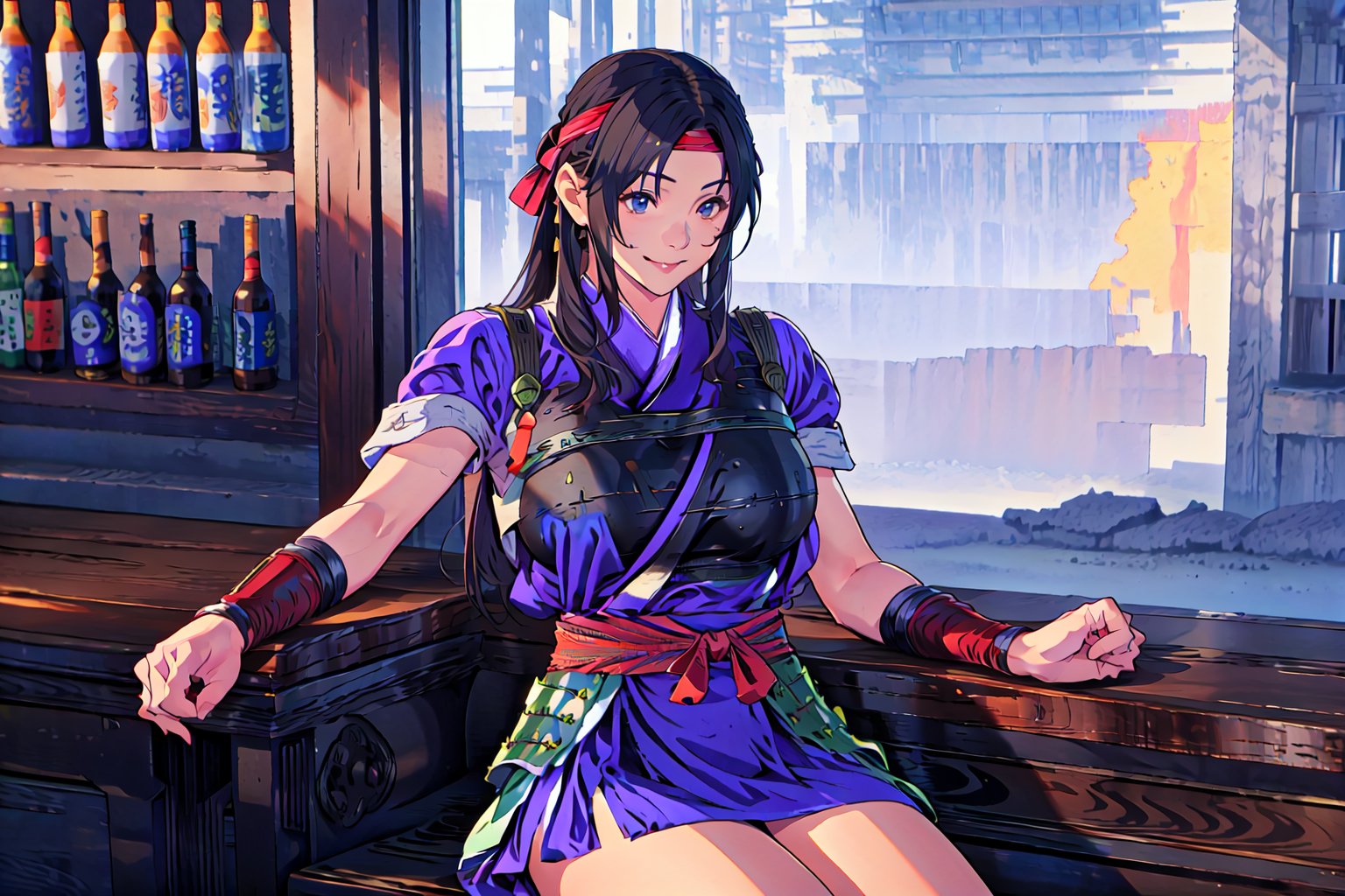 {best quality},{{masterpiece}},illustration,portrait,solo,masterpiece,best quality,black hair,long hair,headband,japanese clothes,japanese armor,muneate,large_breast,incredibly absurdres,highres,high detail eyes,sitting,window,smile,indoors,bar,sake,Samurai Warriors 5,hand on thigh,game cg