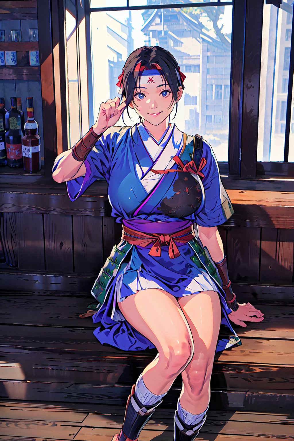 {best quality}, detail fingers,{{masterpiece}},illustration,portrait,solo,masterpiece,best quality,black hair,headband,japanese clothes,japanese armor,muneate,sandals,tabi,large_breast,incredibly absurdres,highres,high detail eyes,sitting,window,smile,indoors,bar,Samurai Warriors 5