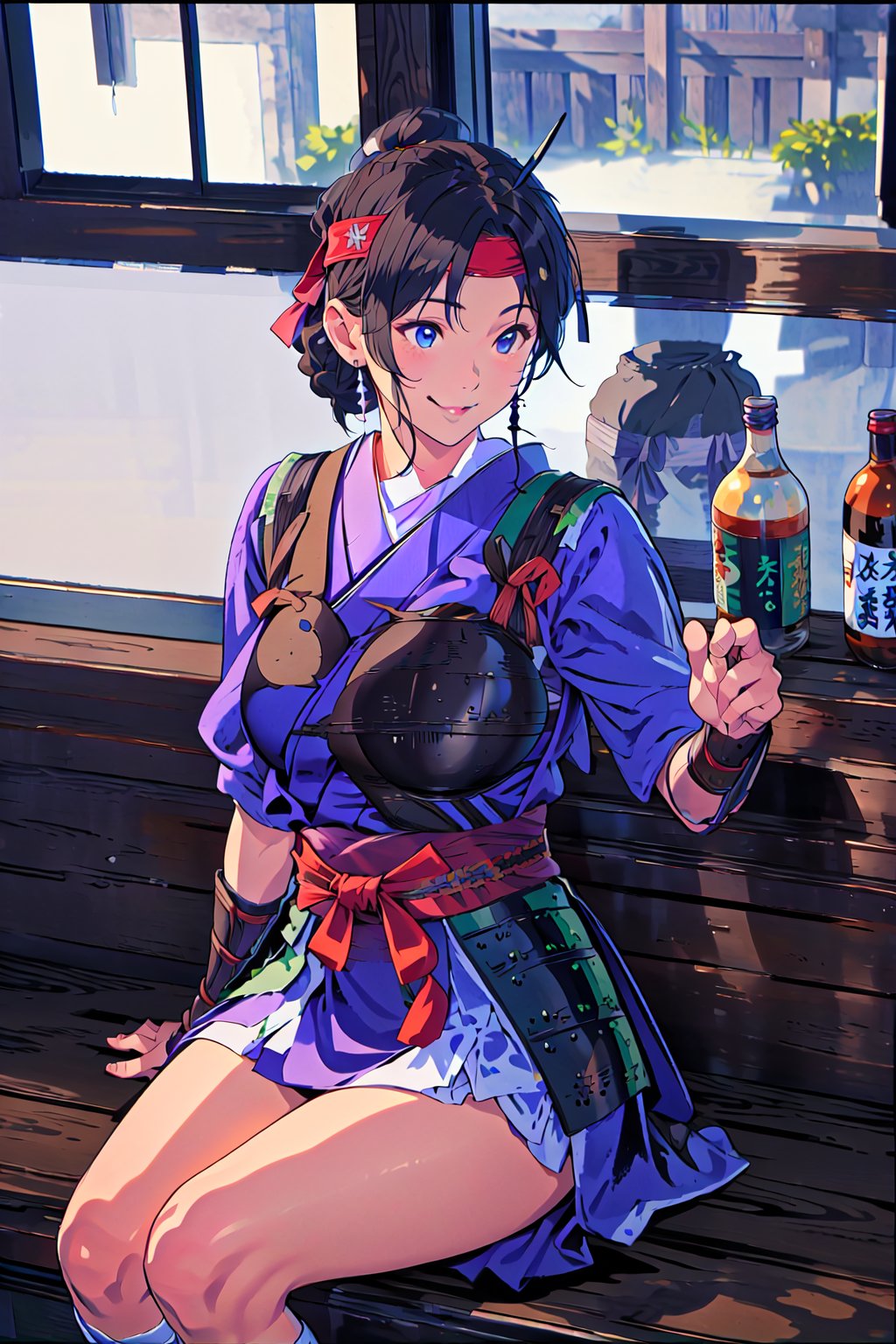 {best quality}, detail fingers,{{masterpiece}},illustration,portrait,solo,masterpiece,best quality,black hair,headband,japanese clothes,japanese armor,muneate,large_breast,incredibly absurdres,highres,high detail eyes,sitting,window,smile,indoors,bar,sake,Samurai Warriors 5