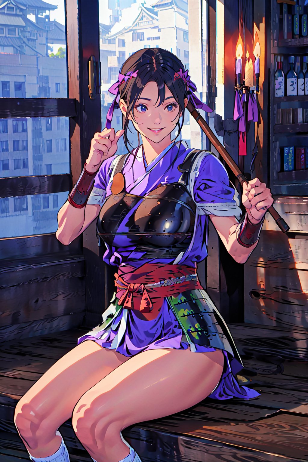 {best quality},{{masterpiece}},illustration,portrait,solo,masterpiece,best quality,black hair,long hair,headband,japanese clothes,japanese armor,muneate,large_breast,incredibly absurdres,highres,high detail eyes,sitting,window,smile,indoors,bar,sake,Samurai Warriors 5,hand on thigh,game cg