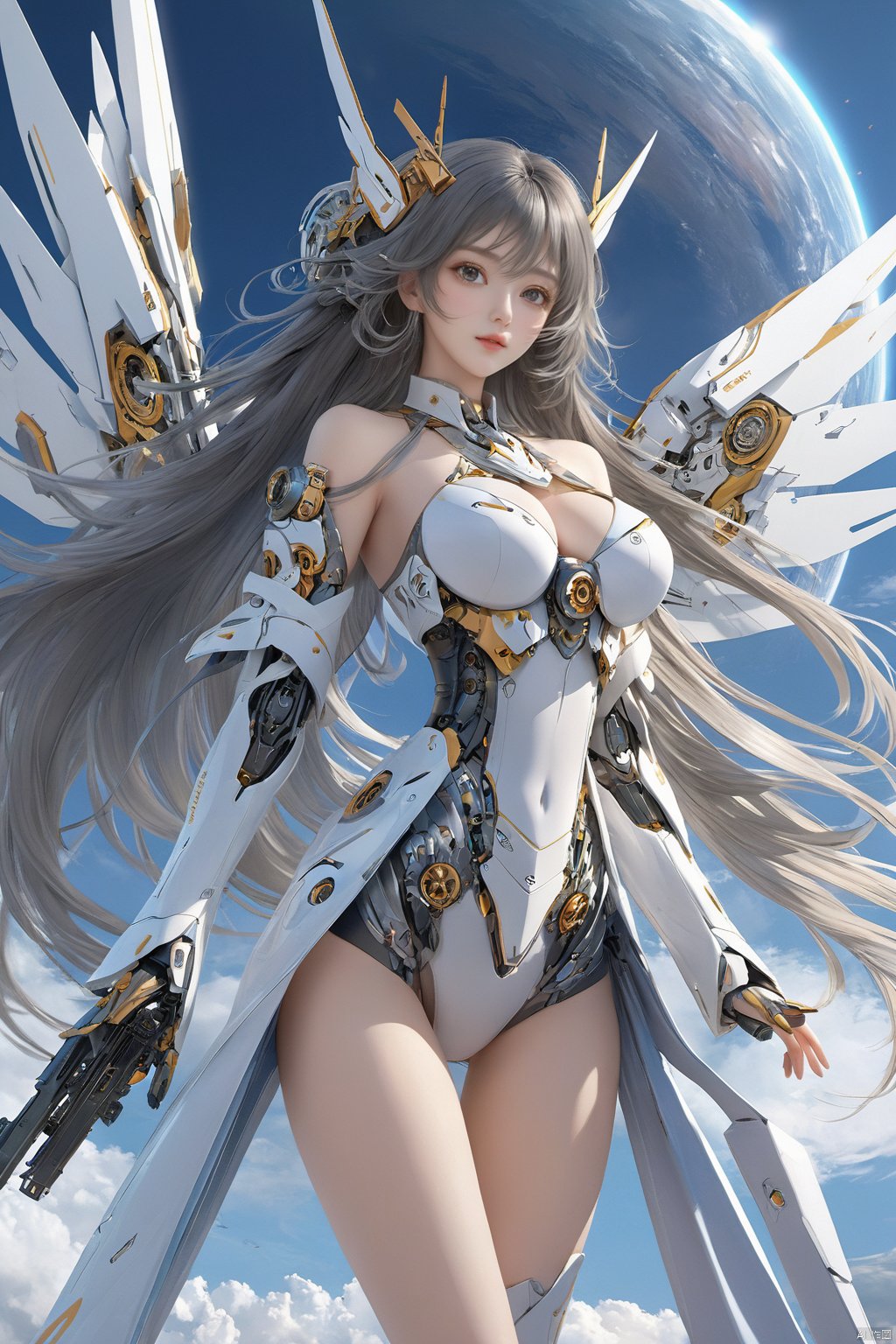  ((masterpiece)), ((best quality)), ((illustration)), extremely detailed,1 girl,mecha clothes,, big breasts,Dark white very_long_hair, scifi hair ornaments, beautiful detailed deep eyes, beautiful detailed sky, cinematic lighting, wind,Mechanical wings