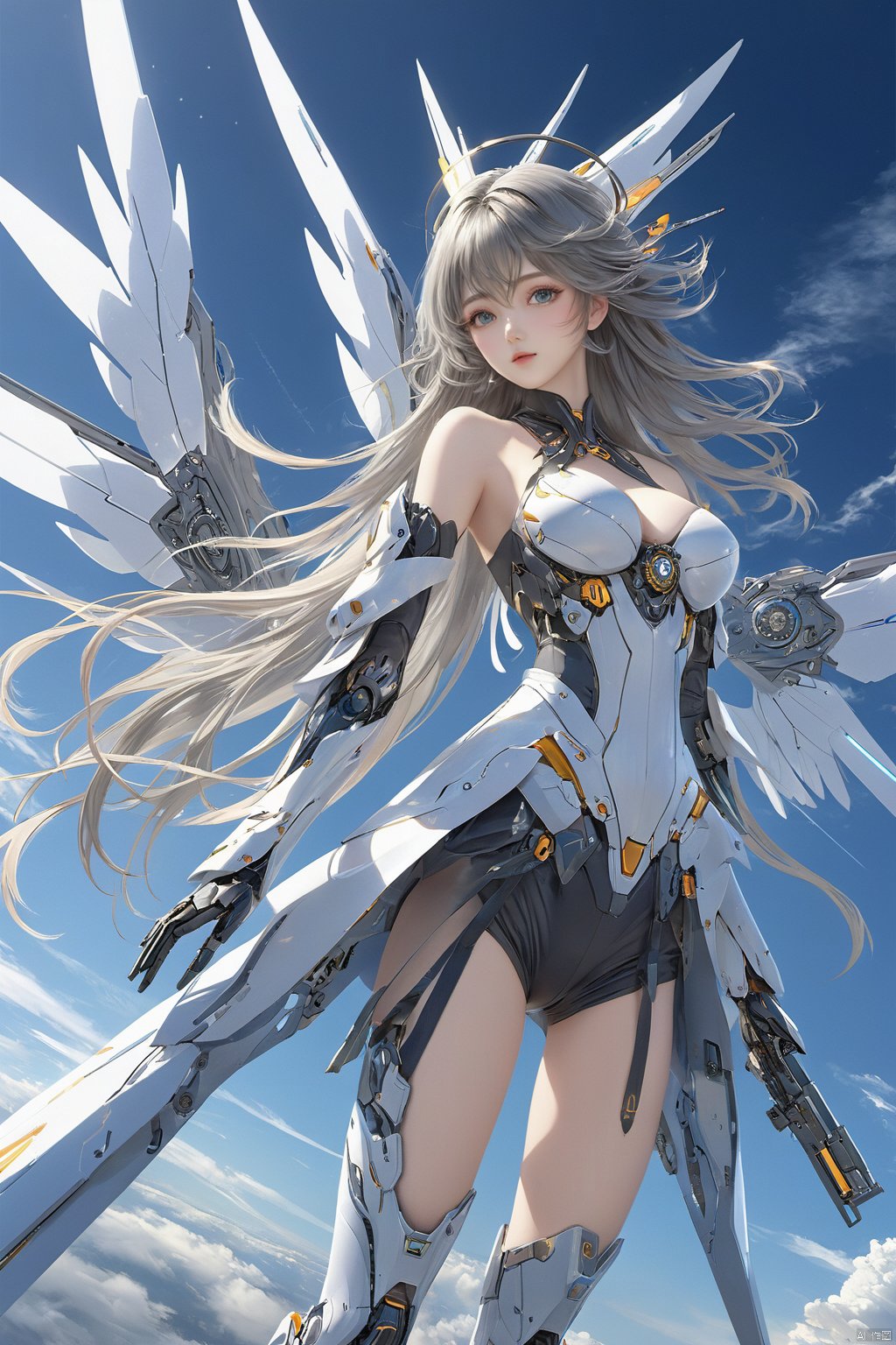  ((masterpiece)), ((best quality)), ((illustration)), extremely detailed,1 girl,mecha clothes,, big breasts,Dark white very_long_hair, scifi hair ornaments, beautiful detailed deep eyes, beautiful detailed sky, cinematic lighting, wind,Mechanical wings