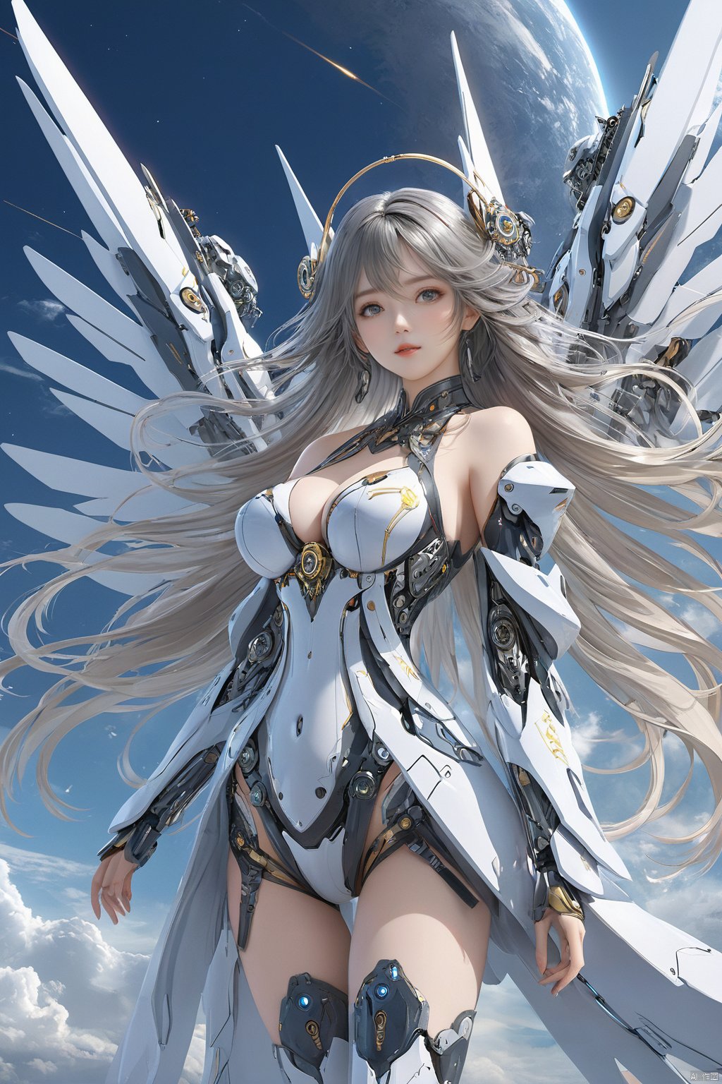  ((masterpiece)), ((best quality)), ((illustration)), extremely detailed,1 girl,mecha clothes,, big breasts,Dark white very_long_hair, scifi hair ornaments, beautiful detailed deep eyes, beautiful detailed sky, cinematic lighting, wind,Mechanical wings