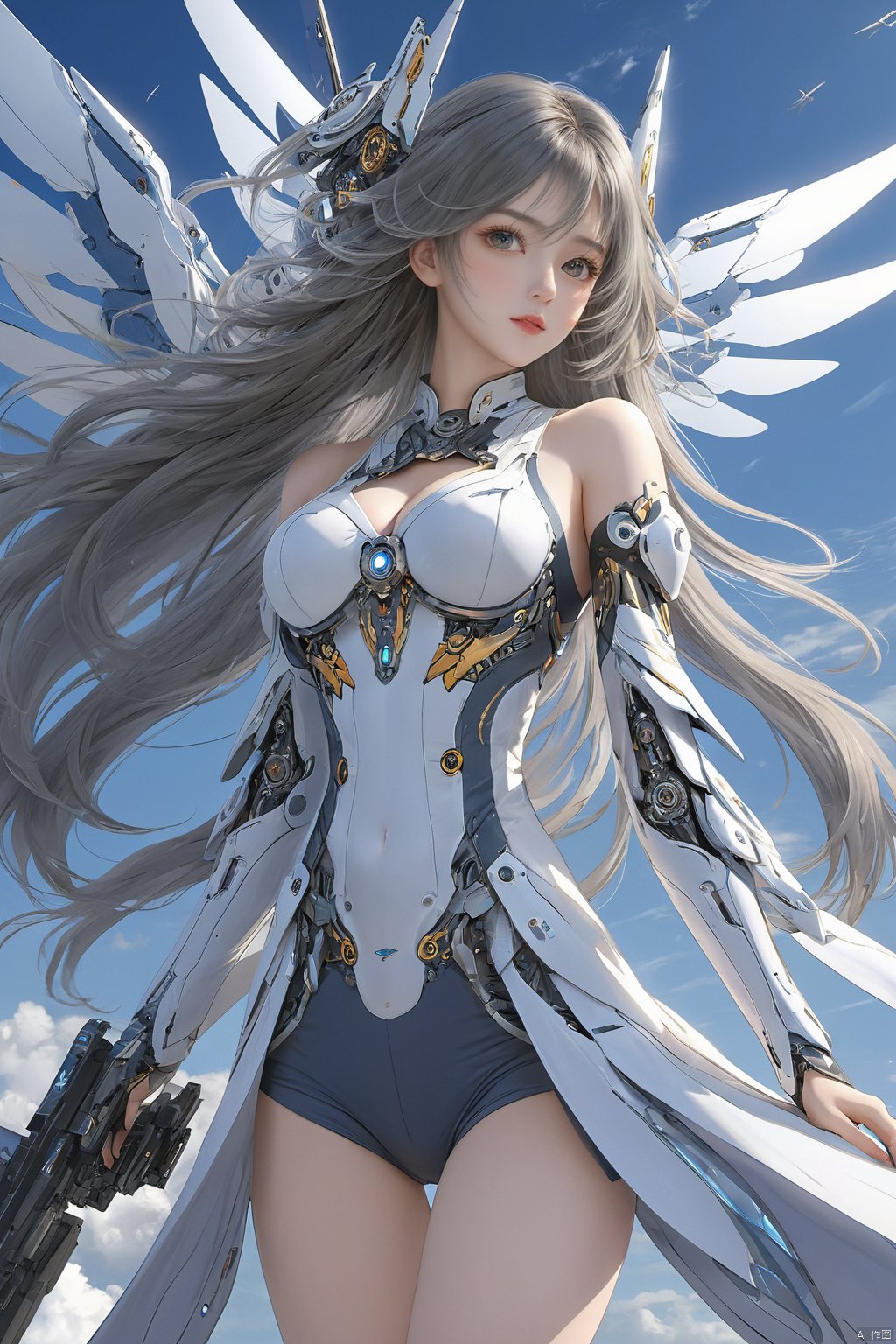  ((masterpiece)), ((best quality)), ((illustration)), extremely detailed,1 girl,mecha clothes,, big breasts,Dark white very_long_hair, scifi hair ornaments, beautiful detailed deep eyes, beautiful detailed sky, cinematic lighting, wind,Mechanical wings