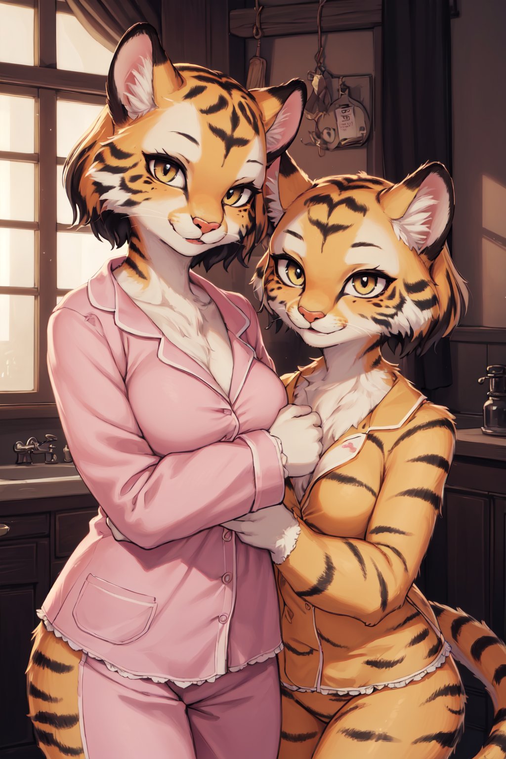 (hi res), ((masterpiece)) , ((best quality)), illustration, 2girls, pajamas, cheetah, felid, feline, khajiit, mammal, pantherine, tiger, anthro,  bodily fluids,  duo, female, female/female, fur, smile, spots, spotted body, spotted fur, squish, upper body, indoors, short hair, 