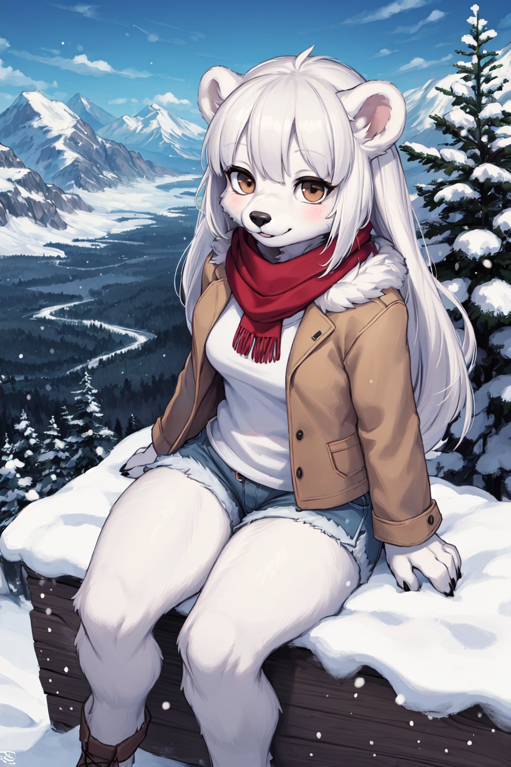 (hi res), ((masterpiece)) , ((best quality)), illustration, furry, furry female, Mammal, polar bear, ursid, ursine, anthro,  black nose, brown eyes, day, evergreen tree, female, fur, mountains, pine tree, plant, scarf, scenery, sky, smile, snow, solo, long hair, white hair,  white body, white fur, from above, sitting, shirt, shorts, 