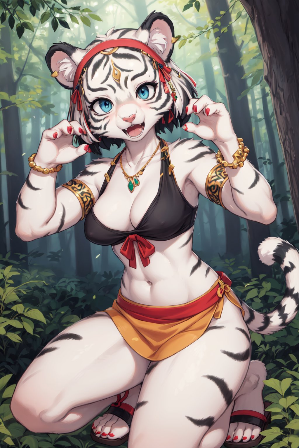 (hi res), ((masterpiece)) , ((best quality)), illustration,furry, ((white tiger)), 1girl, armband, bracelet, breasts, feathers,  forest,hairband, jewelry,  looking_at_viewer, medium_breasts, merukizedeku, midriff, nature, navel, necklace, open_mouth, sandals, shin_sangoku_musou, solo, tribal, upper body,  short hair, two-tone hair, claw pose, 