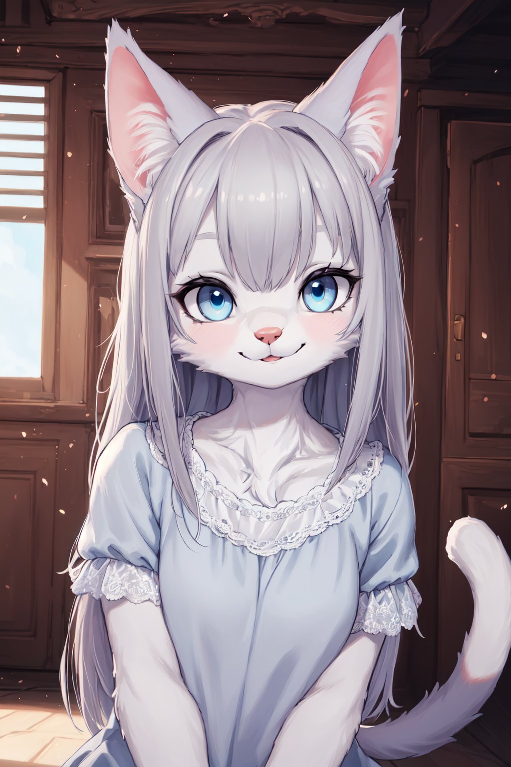 (hi res), ((masterpiece)) , ((best quality)), illustration, furry, cat, animal ears, tail, bodyfur, 1girl, POV, upper body, 1girl, solo, long hair, gray hair, *//*, blue eye, *//*, white blouse, looking at viewer, smile,