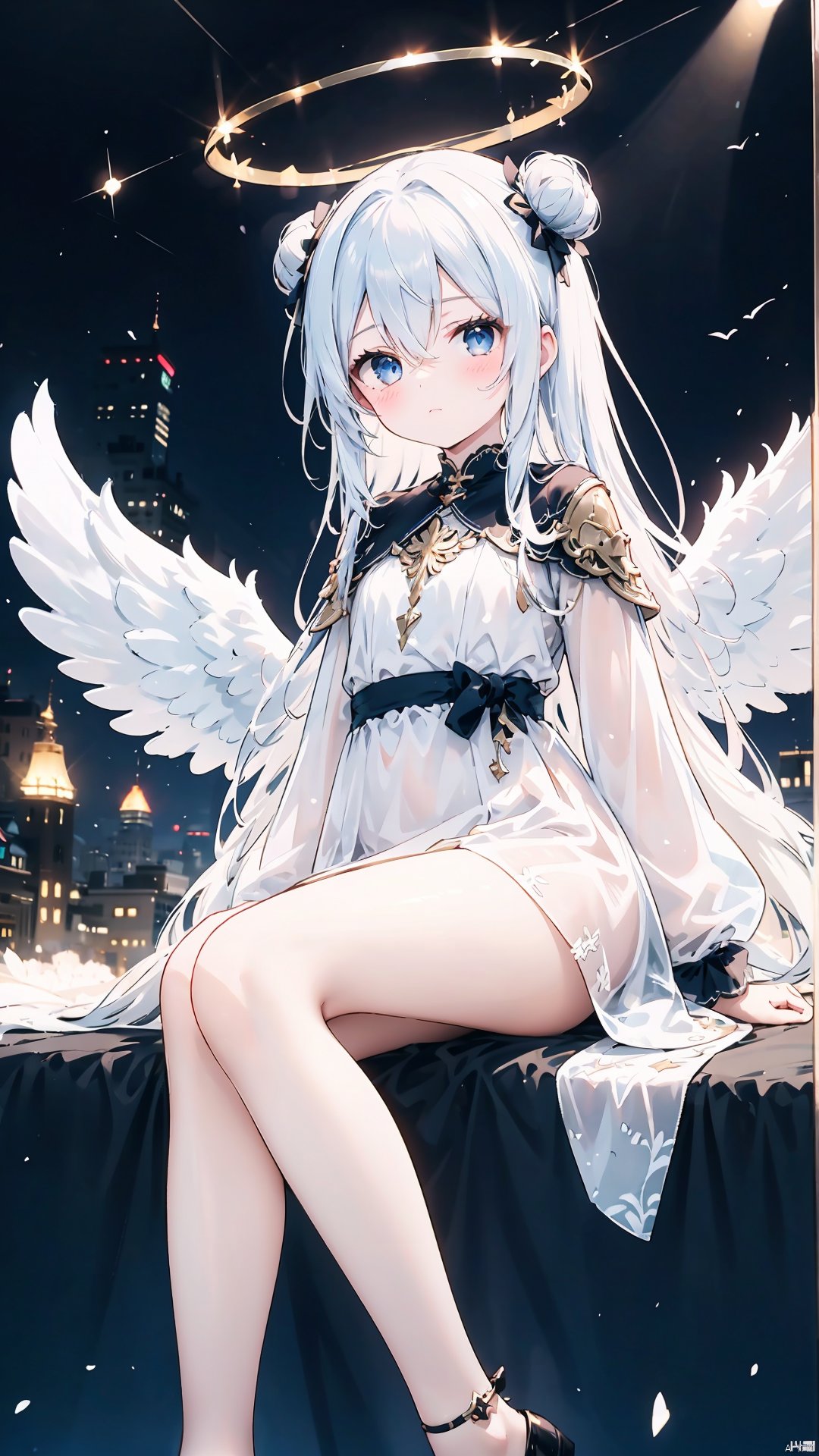  1girl, solo, wings, long hair, blue eyes, angel wings, looking at viewer, sitting, white hair, halo, dress, white dress, clothing cutout, thighs, long sleeves, feathered wings, sky, bangs, double bun, feet out of frame, +_+, very long hair, blush, white wings, hair bun, angel, bare legs, hair between eyes, closed mouth