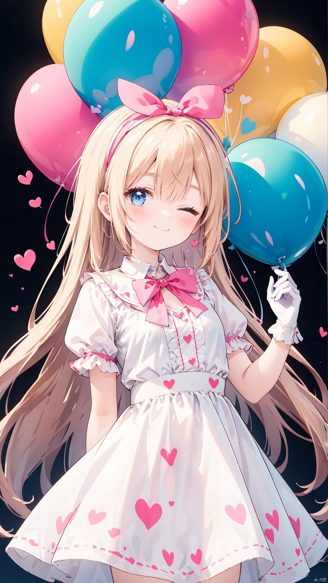  1girl, solo, dress, blonde hair, smile, one eye closed, gloves, long hair, pink bow, white dress, heart balloon, balloon, white gloves, short sleeves, bangs, frills, bow, looking at viewer, blush, heart, hair bow, closed mouth, hairband, frilled dress, white background, bow hairband, puffy sleeves, blue eyes, puffy short sleeves, cowboy shot, white hairband, ;\), simple background, very long hair, heart print, pink bowtie