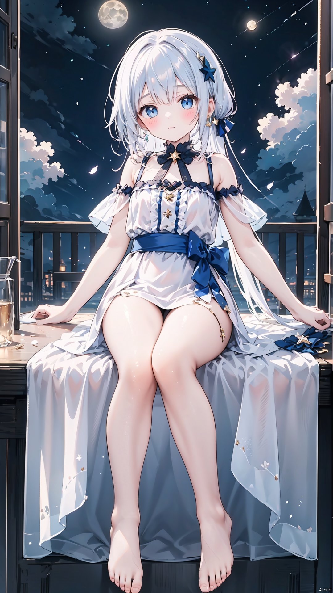 1girl, solo, dress, long hair, barefoot, white dress, sky, looking at viewer, jewelry, frilled dress, sitting, night, white hair, earrings, full body, bare legs, feet, frills, moon, toes, hair ornament, bangs, legs, night sky, bare shoulders, bow, see-through, petals, blue eyes, starry sky, breasts, star \(sky\), closed mouth, sash, short sleeves, blush, thighs, white eyes, cloud, blue bow