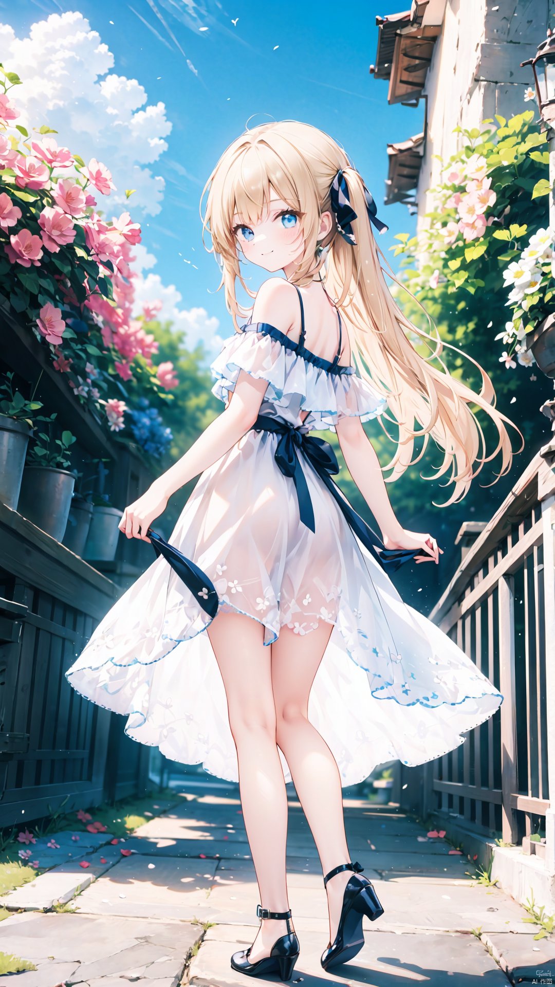 1girl, dress, solo, blonde hair, white dress, long hair, blue eyes, outdoors, high heels, looking at viewer, bangs, flower, full body, smile, standing, frills, white footwear, frilled dress, pink flower, blush, ribbon, bare shoulders, closed mouth, hair ribbon, off-shoulder dress, looking back, sky, very long hair, day