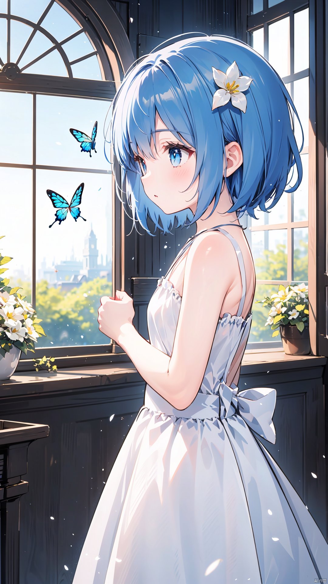 1girl, solo, bug, butterfly, dress, blue eyes, hair ornament, flower, white dress, hair flower, blue hair, bare shoulders, bangs, from side, short hair, bare arms, blush, sleeveless dress, sleeveless, blue butterfly, window