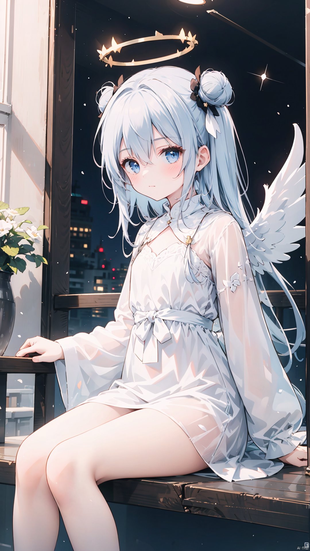  1girl, solo, wings, long hair, blue eyes, angel wings, looking at viewer, sitting, white hair, halo, dress, white dress, clothing cutout, thighs, long sleeves, feathered wings, sky, bangs, double bun, feet out of frame, +_+, very long hair, blush, white wings, hair bun, angel, bare legs, hair between eyes, closed mouth