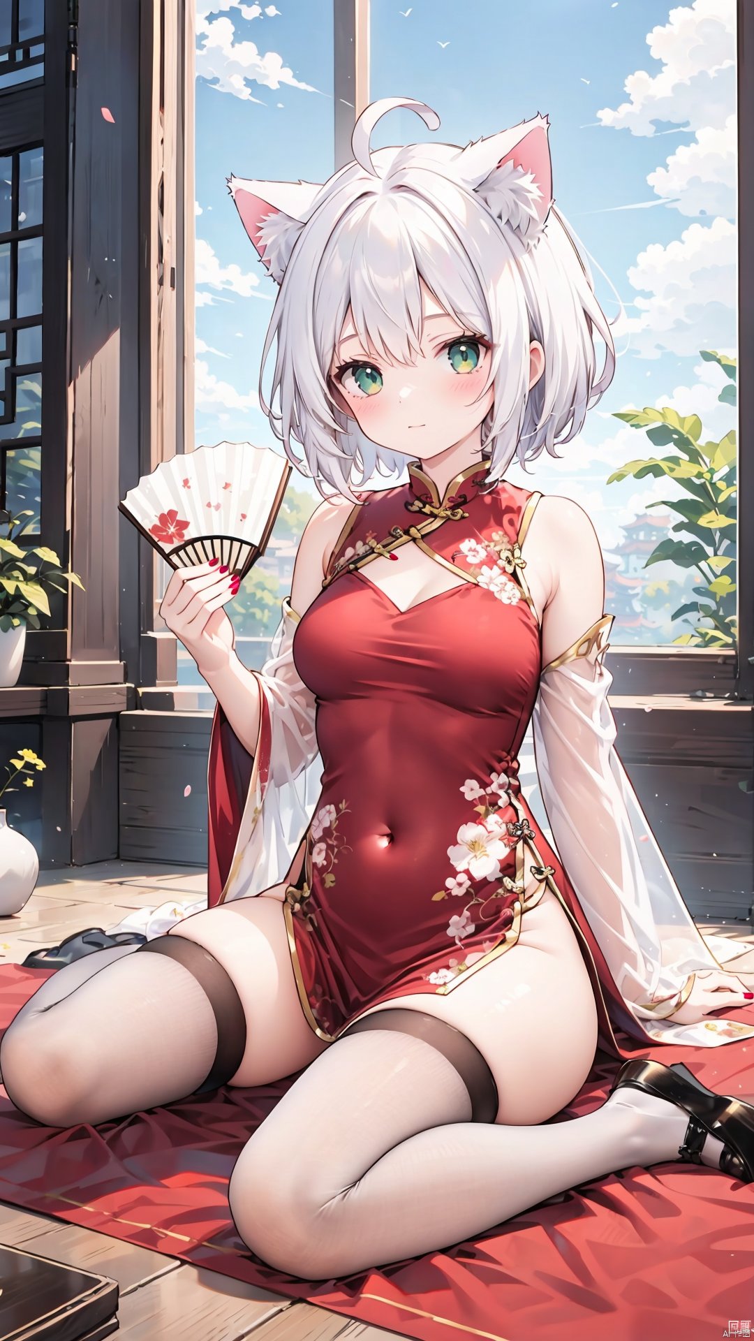 1girl, solo, animal ears, dress, chinese clothes, thighhighs, green eyes, red dress, china dress, tail, cat ears, breasts, extra ears, sitting, see-through, holding, cat tail, short hair, wariza, hand fan, white thighhighs, looking at viewer, black footwear, folding fan, ahoge, no panties, sleeveless, sleeveless dress, white hair, red nails, animal ear fluff, thighs, covered navel, detached sleeves, holding fan, blush, full body, nail polish, cat girl, medium breasts, closed mouth, floral print, hair intakes, bare shoulders, bangs