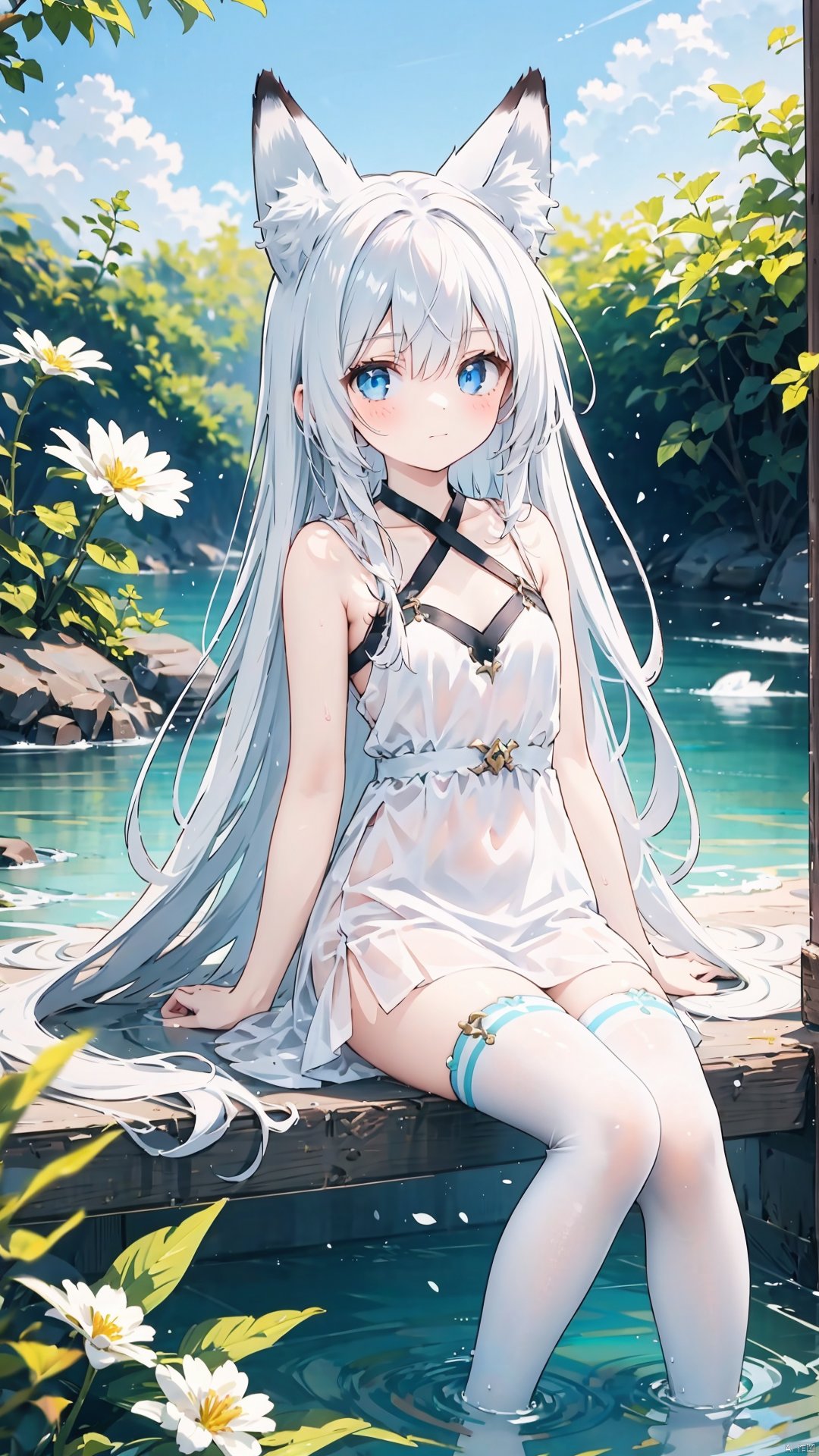 1girl, solo, animal ears, dress, long hair, blue eyes, thighhighs, white dress, white hair, animal ear fluff, white thighhighs, looking at viewer, flower, sitting, water, bare shoulders, bangs, blush, very long hair, closed mouth, halterneck, criss-cross halter, sleeveless, breasts, sleeveless dress, feet out of frame, white flower, small breasts, fox ears