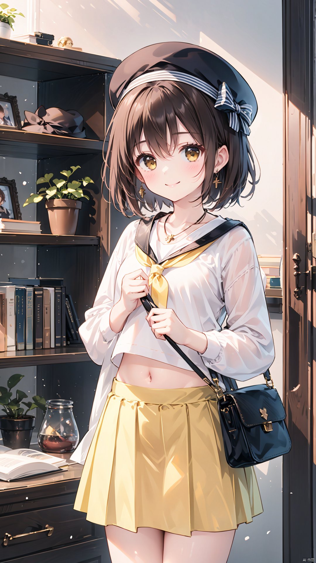 1girl, solo, brown hair, shirt, white shirt, skirt, jewelry, navel, midriff, smile, looking at viewer, short hair, brown eyes, hat, plant, earrings, jar, indoors, bag, collarbone, crop top, pleated skirt, hat bow, brown headwear, holding, necklace, brown bag, long sleeves, book, closed mouth, yellow skirt, standing, bow, cowboy shot, shoulder bag, window, clock, potted plant, blush, neckerchief, sunlight, light particles, bangs, bookshelf, yellow neckerchief