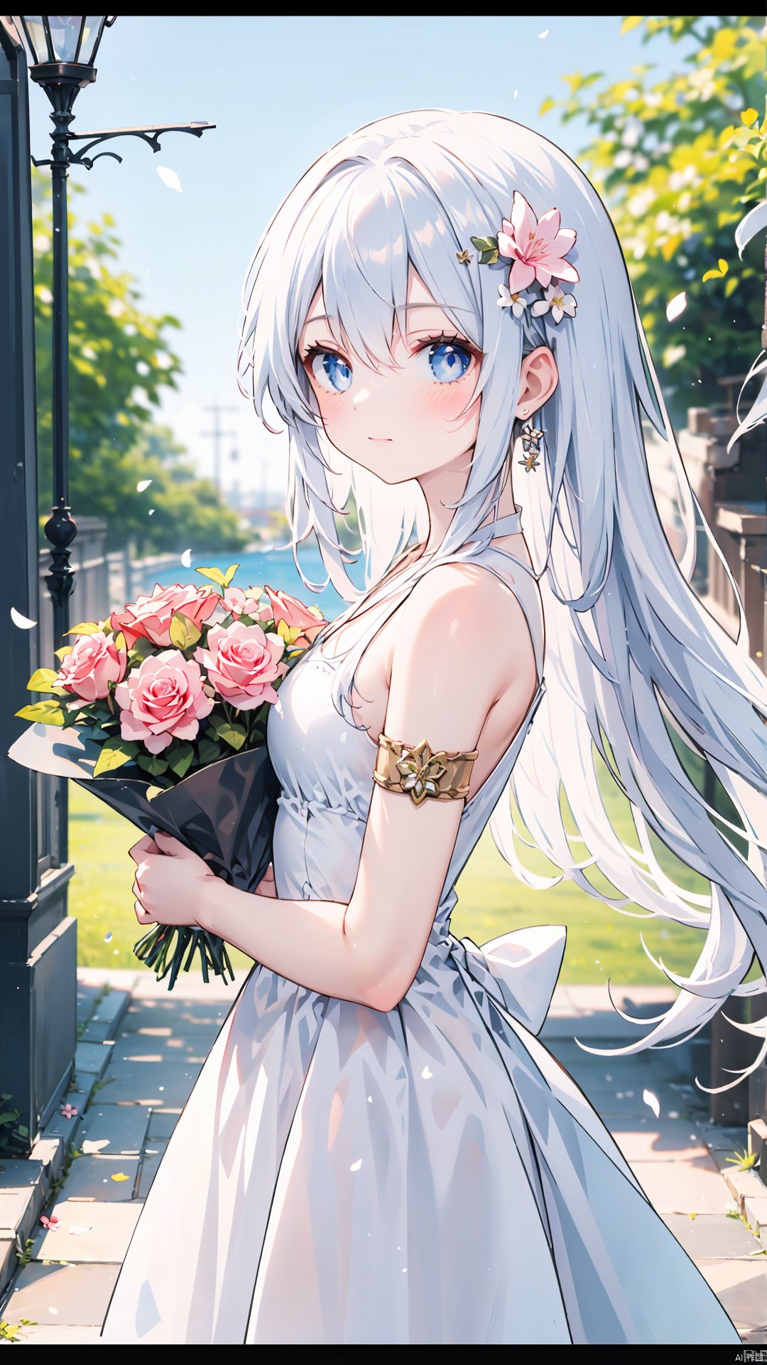 solo, 1girl, dress, flower, blue eyes, looking at viewer, long hair, hair ornament, white dress, hair flower, holding, bangs, white hair, bouquet, armlet, pink flower, sleeveless dress, bare shoulders, from side, sleeveless, holding bouquet, outdoors, breasts, rose, blush, closed mouth