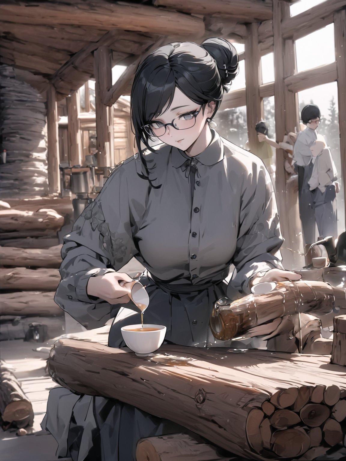 //Quality,
masterpiece, best quality, detailed
,//Character,
solo,
,//Fashion,
,//Background,
log house, pouring tea
,//Others,
,Yuri Alpha \(overlord\), 1girl, grey eyes, glasses, black hair, hair bun