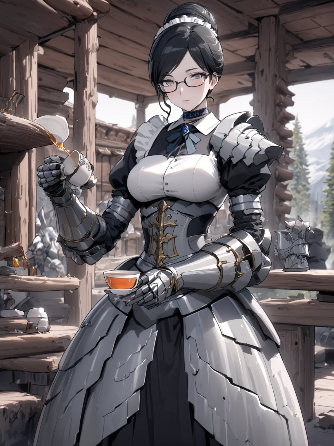 //Quality,
masterpiece, best quality, detailed
,//Character,
solo,
,//Fashion,
,//Background,
log house, pouring tea
,//Others,
,Yuri Alpha \(overlord\), 1girl, grey eyes, glasses, black hair, hair bun, breasts, dress, broach, choker, maid, armor, gauntlets, corset