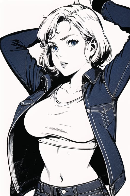 1girl, solo, looking at viewer, short hair, bangs, blue eyes, blonde hair, simple background, shirt, white background, navel, jacket, midriff, pants, arms up, lips, crop top, cosplay, denim, blue jacket ,denim jacket,,,retro,retro_artstyle,ms,retro_artstyle,manga, monochrome,(masterpiece,best quality,HD,4K),lineart,ms,greyscale,b&w,